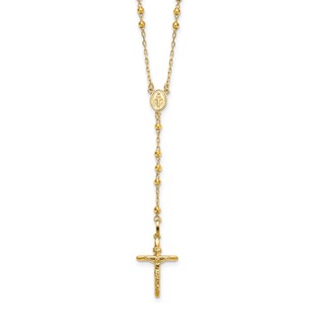 14k Polished Crucifix and Miraculous Medal with 3mm Mirror Beads Semi-solid 24 inch Rosary Necklace