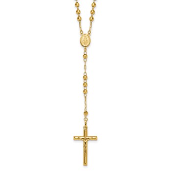 14k Polished Crucifix and Miraculous Medal with 4mm Mirror Beads Semi-solid 24 inch Rosary Necklace