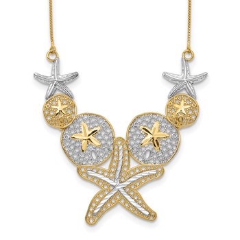 14k with White Rhodium Diamond-cut Starfish and Sand Dollar 18 inch Necklace