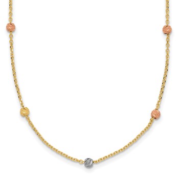 14k Tri-color Polished Diamond-cut Beads 18 inch Station Necklace