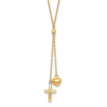14K Puffed Heart and Diamond-cut Cross 16 inch Y-Necklace Plus 2 inch Extender