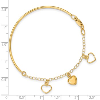 14k Polished Dangle Heart Chain Half Bangle 7 inch Bracelet — alternate view