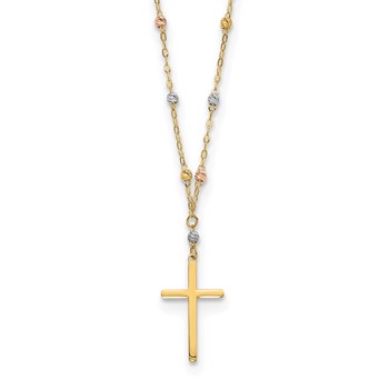 14k Tri-color Diamond-cut Beaded Chain with Polished Cross Pendant 17 inch Necklace