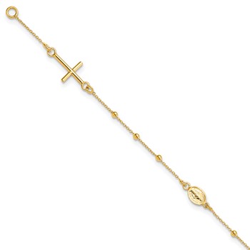 14k Polished Cross and Miraculous Medal Beaded 7.5 inch Rosary Bracelet