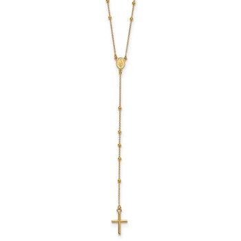 14k Polished Cross and Miraculous Medal Beaded 24 inch Rosary Necklace