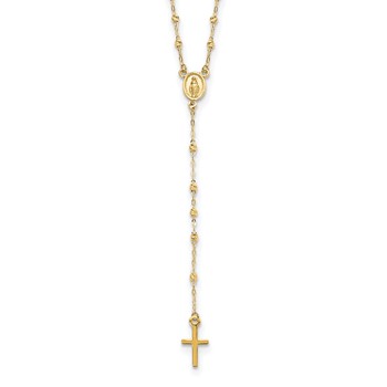 14k Polished Cross and Miraculous Medal with Diamond-cut Beads 17 inch Rosary Necklace Plus 3 inch Extender