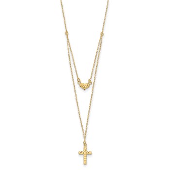 14k Polished 2-Strand Diamond-cut Cross and Heart 16 inch Necklace Plus 2 inch Extender — alternate view