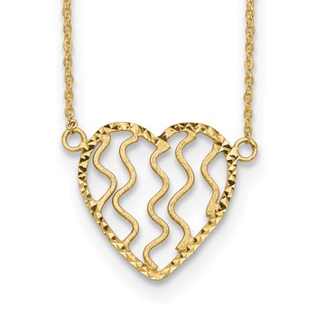 14k Polished Satin and Diamond-cut Heart 18 inch Necklace