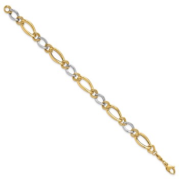 14K Two-tone Polished and Textured Fancy Oval Curb 7.5 inch Bracelet — alternate view