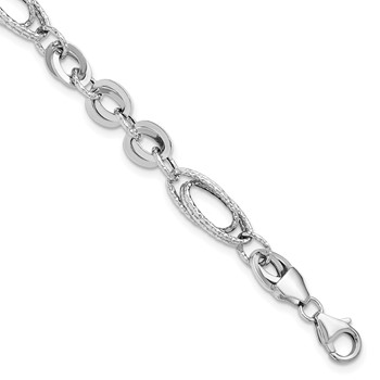 14k White Gold Polished and Textured 8mm Oval Fancy Link 7.75 inch Bracelet