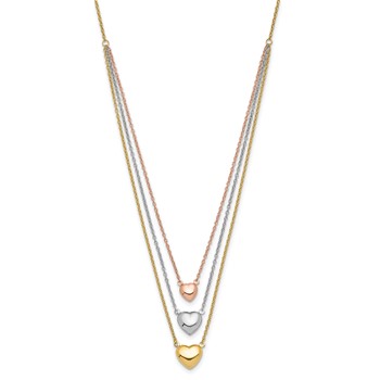 14K Tri-color Three Hearts 16 inch Layered Necklace Plus 1 inch Extender — alternate view
