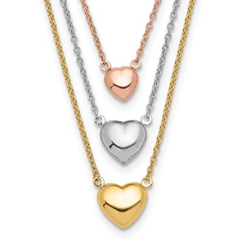 14K Tri-color Three Hearts 16 inch Layered Necklace Plus 1 inch Extender