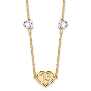 14K Two-tone Polished 15 Heart w/2 in ext Necklace