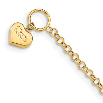 14k Puffed MOM Heart Dangle 7.5 inch Toggle Bracelet