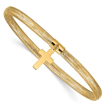 14K 4mm Cross Dangle Woven Mesh Slip-on Stretch Bracelet