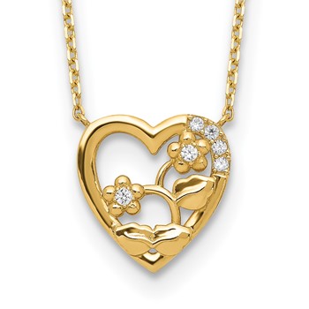 14K Heart with Flowers & CZ with 2IN EXT Necklace