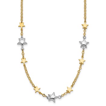 14K Two-Tone Polished Puffed and Flat Stars 17 inch Necklace Plus 1 inch Extender