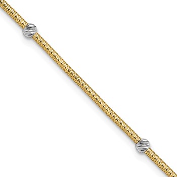 14K with White Rhodium Woven Flexible Diamond-cut Moveable Beads 7.25 inch Bracelet