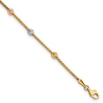 14k Tri-color Diamond-cut Beads and Mesh Chain 7-Station 7.25 inch Bracelet