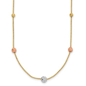 14K Tri-Color Diamond-cut Beads and Beaded Chain 18 inch Station Necklace