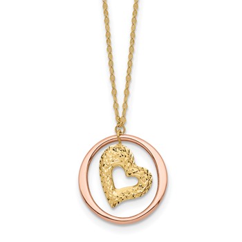 14K Two-tone Fancy Diamond-cut Heart in Open Circle Pendant 18 inch Necklace