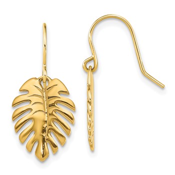 14K Polished Palm Leaf Dangle Shepherd Hook Earrings