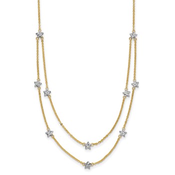 14K Two-tone Double Chain Textured Stars 18 inch Necklace