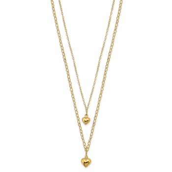 14K Double Layer Heart Link with Polished Puffed Hearts 16 inch Necklace Plus 2 inch Extender — alternate view