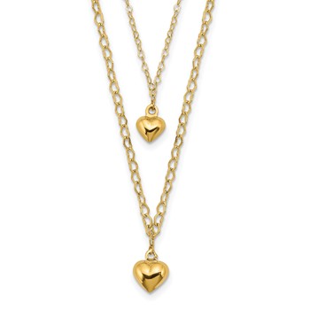 14K Double Layer Heart Link with Polished Puffed Hearts 16 inch Necklace Plus 2 inch Extender