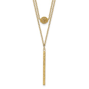 14K Double Layer Hollow Filigree Bead and Diamond-cut Bar 16 inch Necklace Plus 2 inch Extender