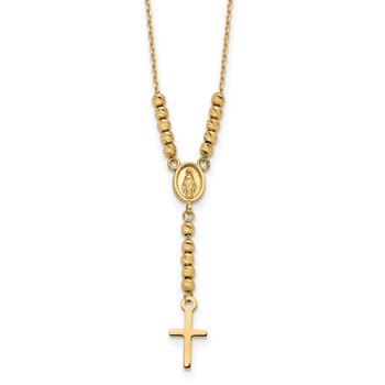 14K Polished Miraculous Medal and Cross with Diamond-cut Beads 17 inch Y-Necklace
