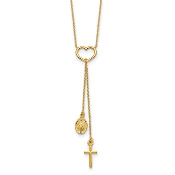 14K Polished Heart with Dangle Cross and Miraculous Medal 17 inch Y-Necklace — alternate view