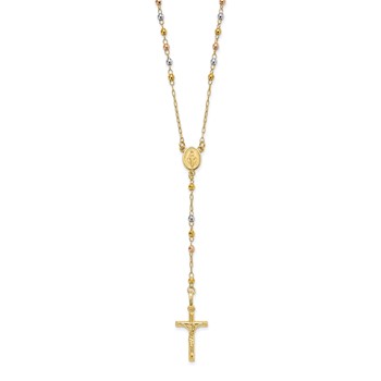 14K Tri-color Polished Crucifix and Miraculous Medal with Faceted Beads 24 inch Rosary Necklace