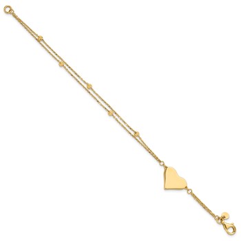 14K Polished 11x18mm Heart and Diamond-cut Beaded 2-Strand 7.5 inch Bracelet — alternate view
