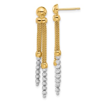 14K Two-tone Polished and Diamond-cut Beads and Mesh Chain Dangle Post Earrings