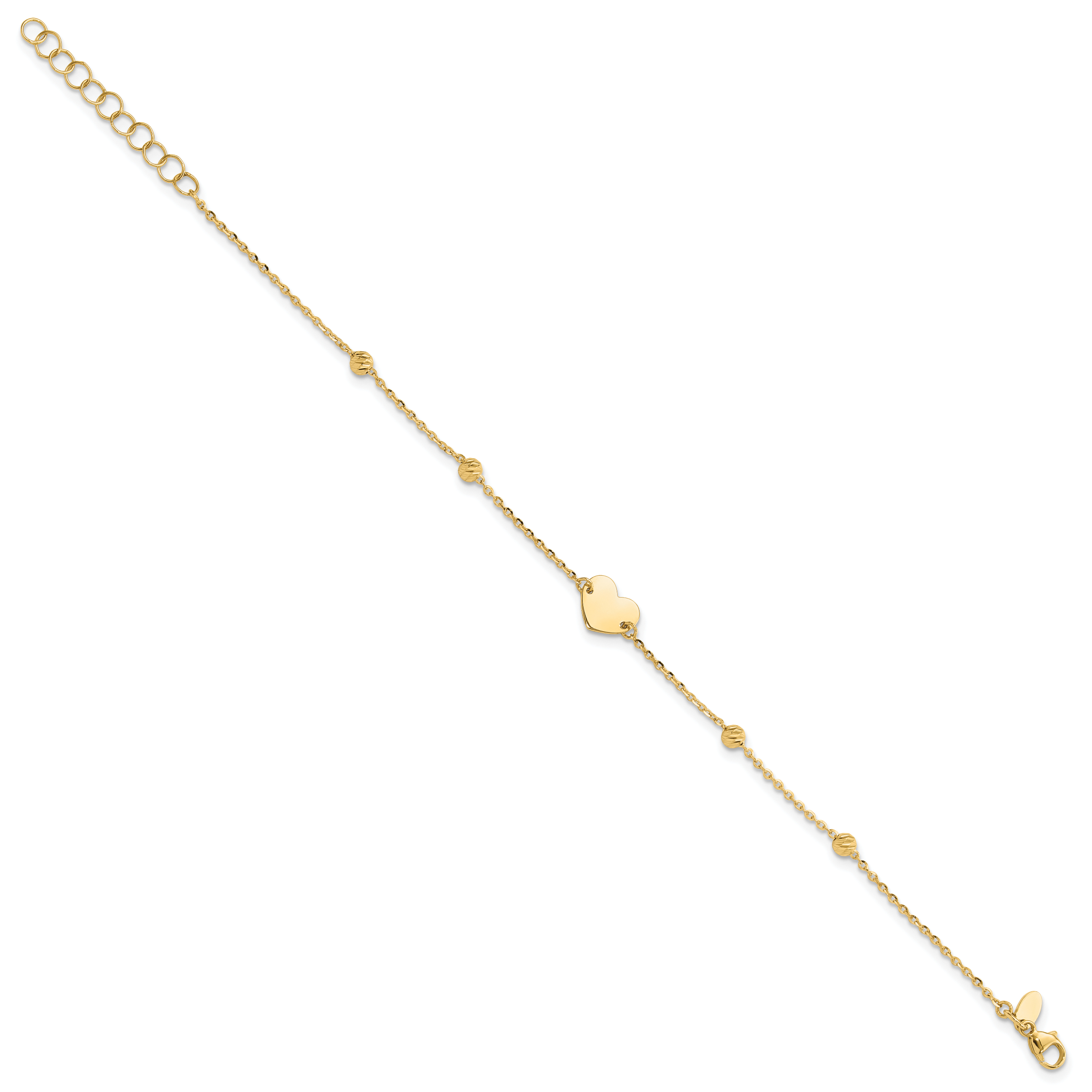 Heart and Beads 6.5 inch Bracelet Plus 1 inch Extension 14k Yellow Gold Solid detailed image 2