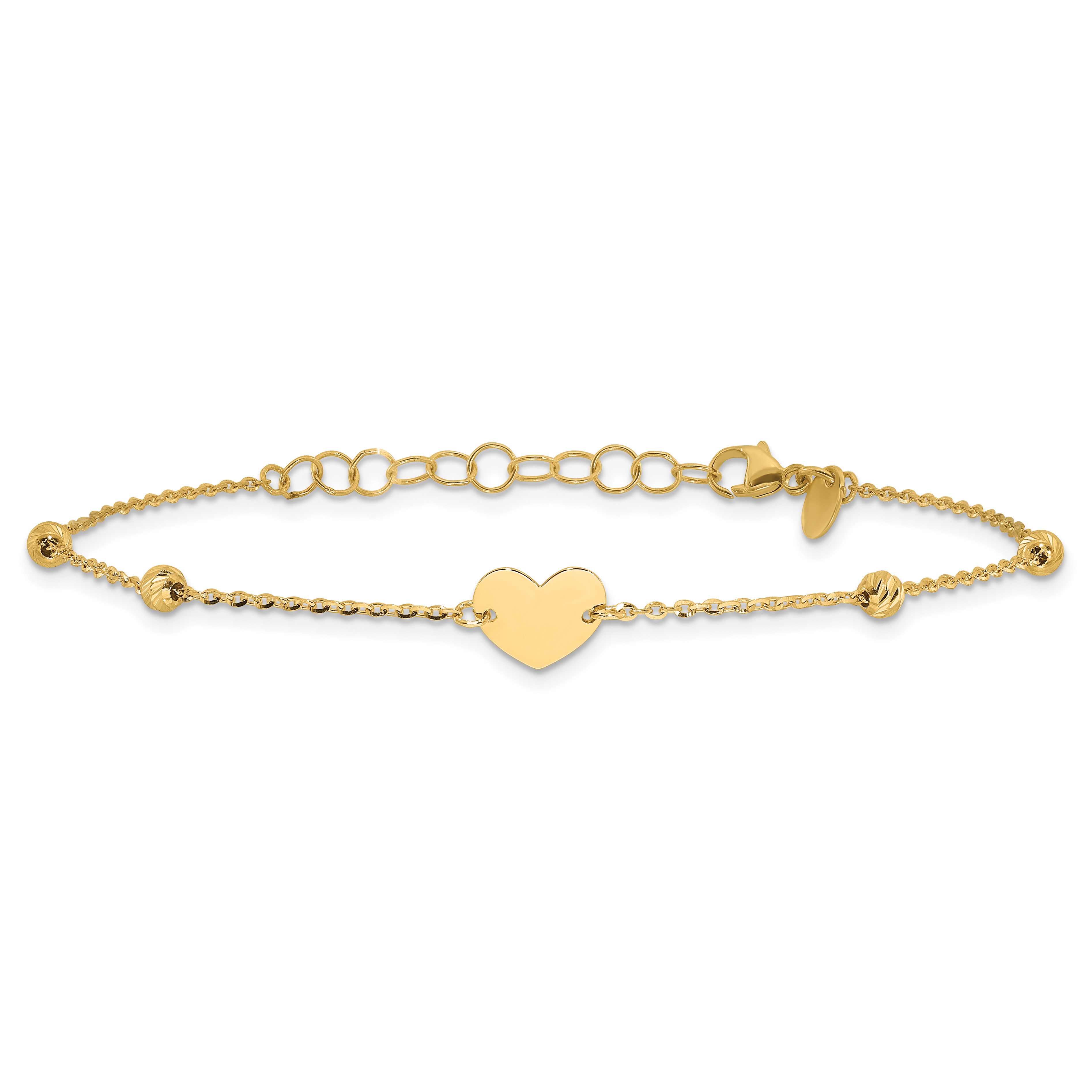 Heart and Beads 6.5 inch Bracelet Plus 1 inch Extension 14k Yellow Gold Solid detailed image 3
