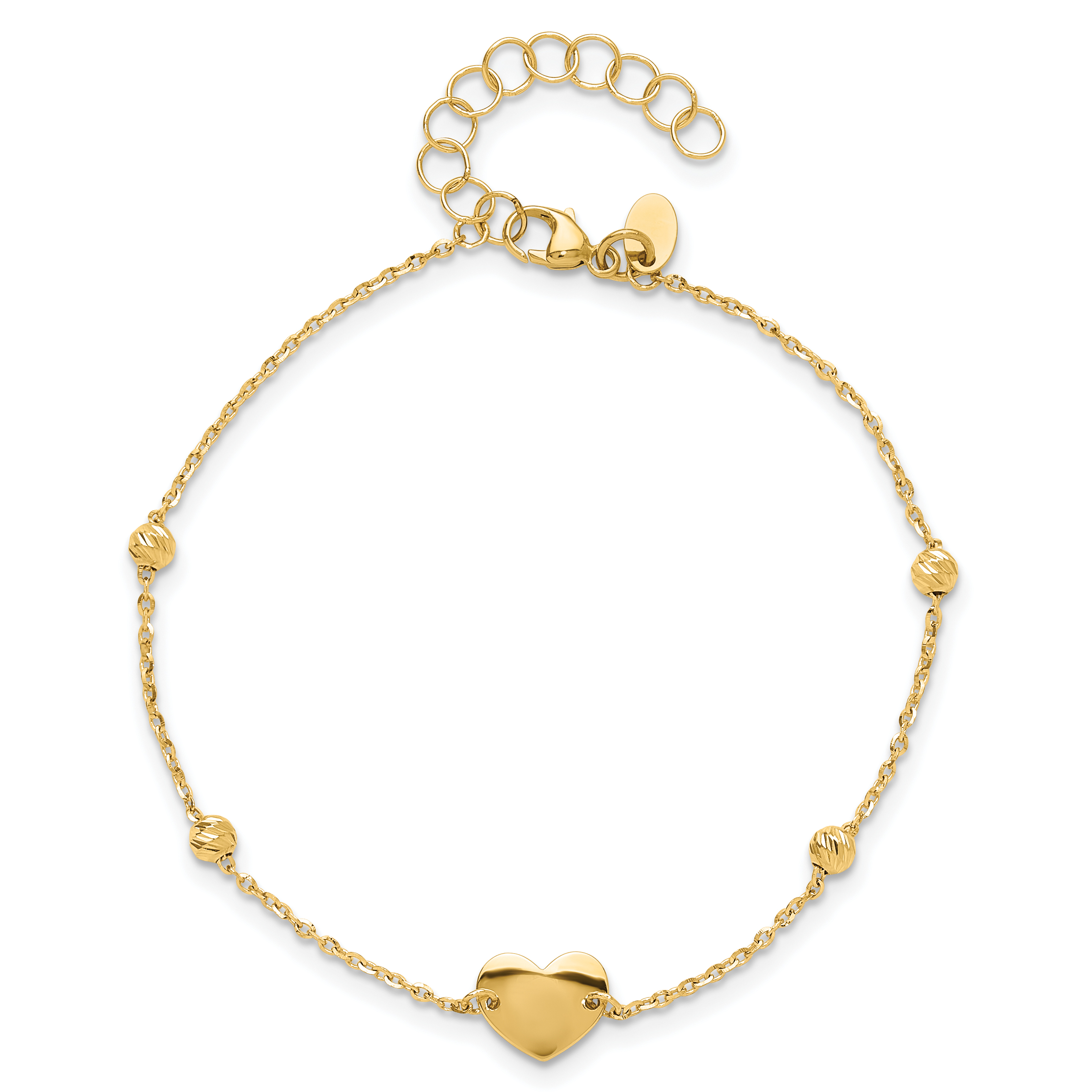Heart and Beads 6.5 inch Bracelet Plus 1 inch Extension 14k Yellow Gold Solid detailed image 4