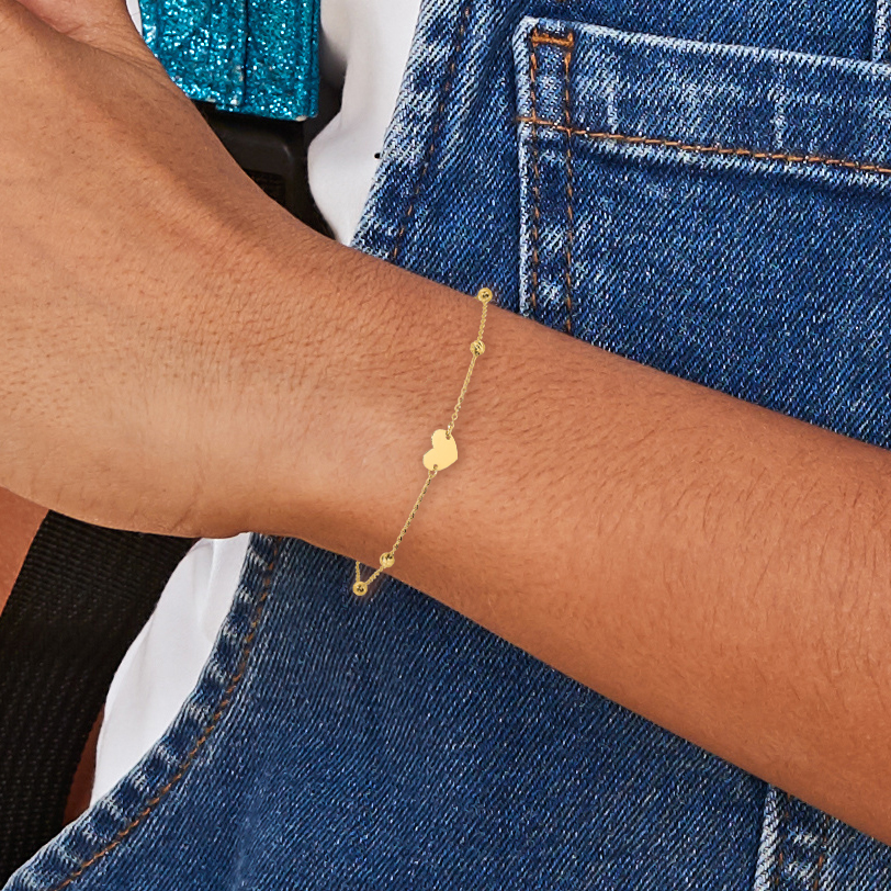 Heart and Beads 6.5 inch Bracelet Plus 1 inch Extension 14k Yellow Gold Solid detailed image 6