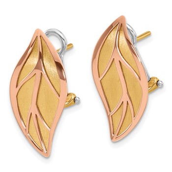14K Two-tone Rose and Yellow Polished and Brushed Leaf Omega Back Post Earrings — alternate view