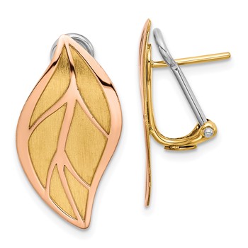 14K Two-tone Rose and Yellow Polished and Brushed Leaf Omega Back Post Earrings