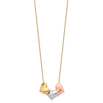 14K Tri-color Polished Three Hearts 17 inch Necklace Plus 1 inch Extender — alternate view