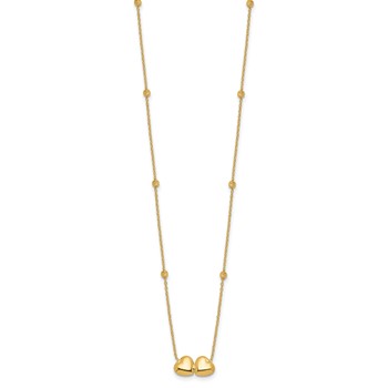 14K Polished Double Heart with Diamond-cut Beads 16 inch Necklace Plus 2 inch Extender — alternate view