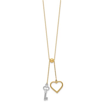 14K Two-tone Polished Adjustable-Dangle Heart and Key 17 inch Lariat Necklace — alternate view