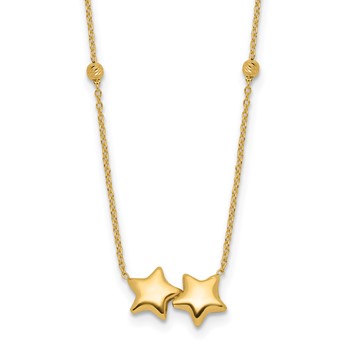 14K Polished Double Star with Diamond-cut Beads 16 inch Necklace Plus 2 inch Extender
