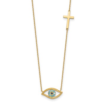 14K Polished Blue CZ Evil Eye and Cross 18 inch Necklace Plus 2 inch Extender