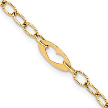 14k Polished Cut-out Hearts and Cable Links 7.25 inch Bracelet