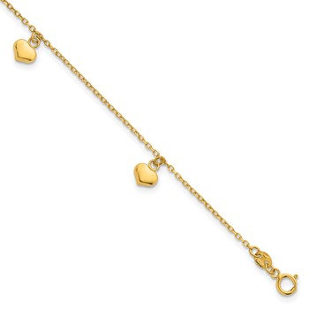 14k Polished Three Puffed Heart Dangle 6.5 inch Childrens Bracelet Plus 0.75 inch Extender