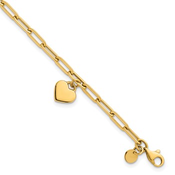 14k Polished Flat Dangle 9mm Heart Paperclip Link 7.25 inch Bracelet
