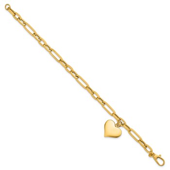 14k Polished Paperclip Figaro Link With Puffed Heart Dangle 7.5 inch Bracelet — alternate view